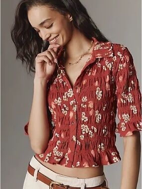 NWT Maeve  Anthropologie smocked button-front top w/ bold red floral print. XS